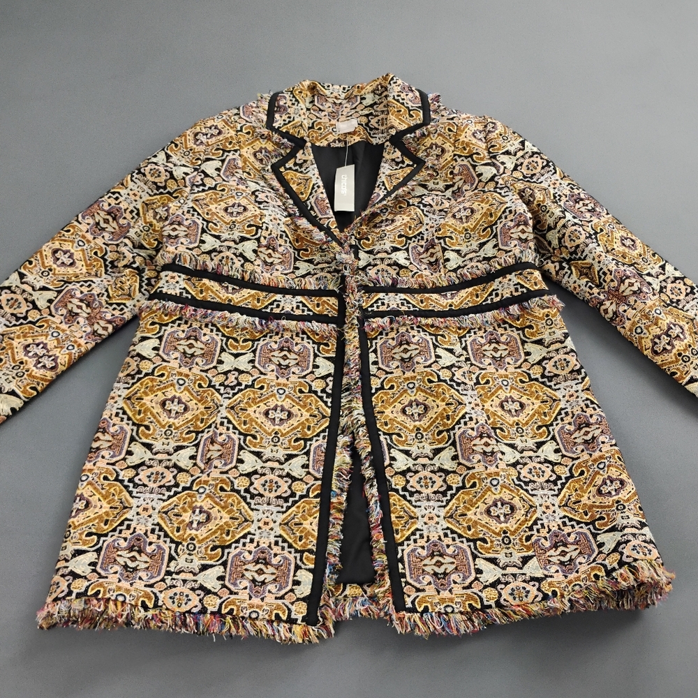 Chicos Jacquard Topper Jacket Fringe Trim Women's Size 2P Long Sleeves NWT $169
